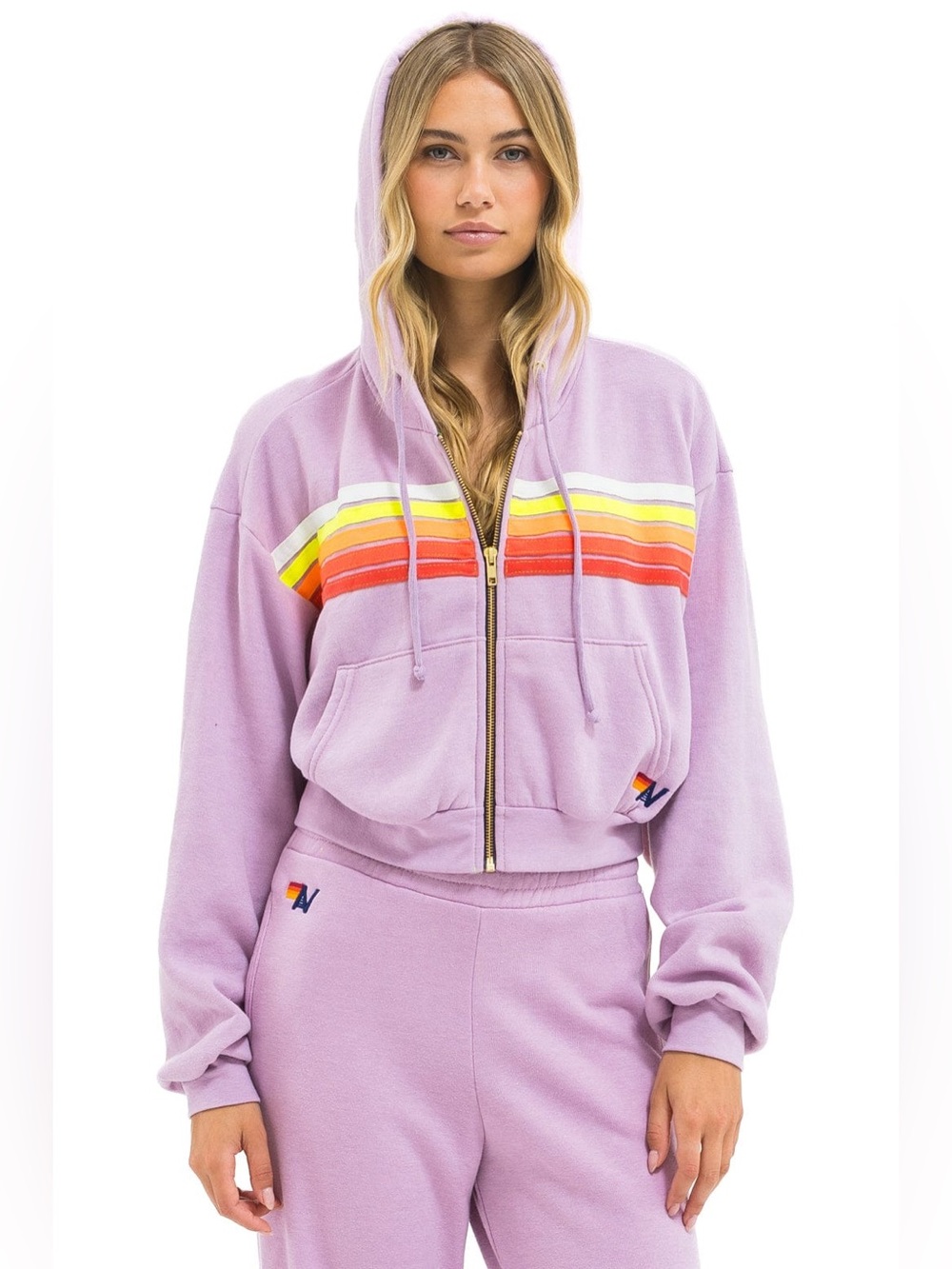 ⚡️Aviator Nation 5 Stripe Cropped Zip Hoodie Mauve White Neon L ⚡️NWT⚡️